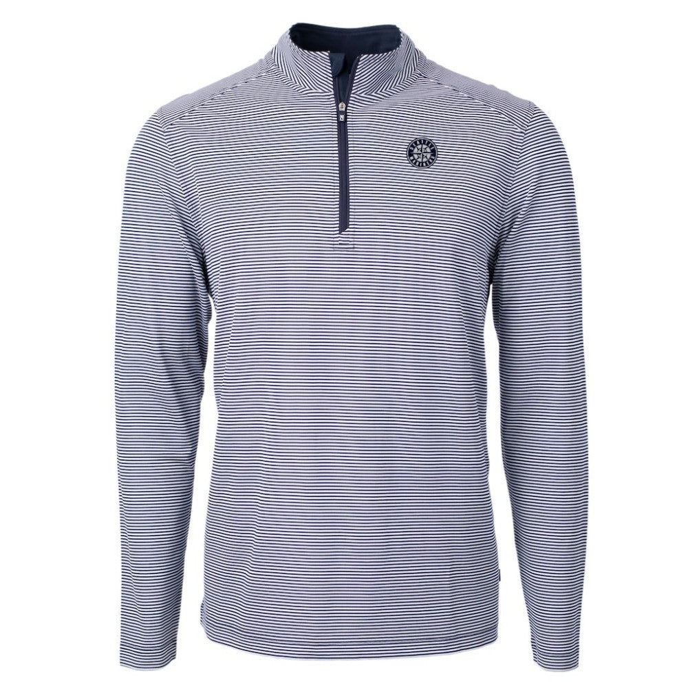 Seattle Mariners Cutter & Buck Virtue Eco Pique Micro Stripe Quarter-Zip Jacket - Navy Jackets