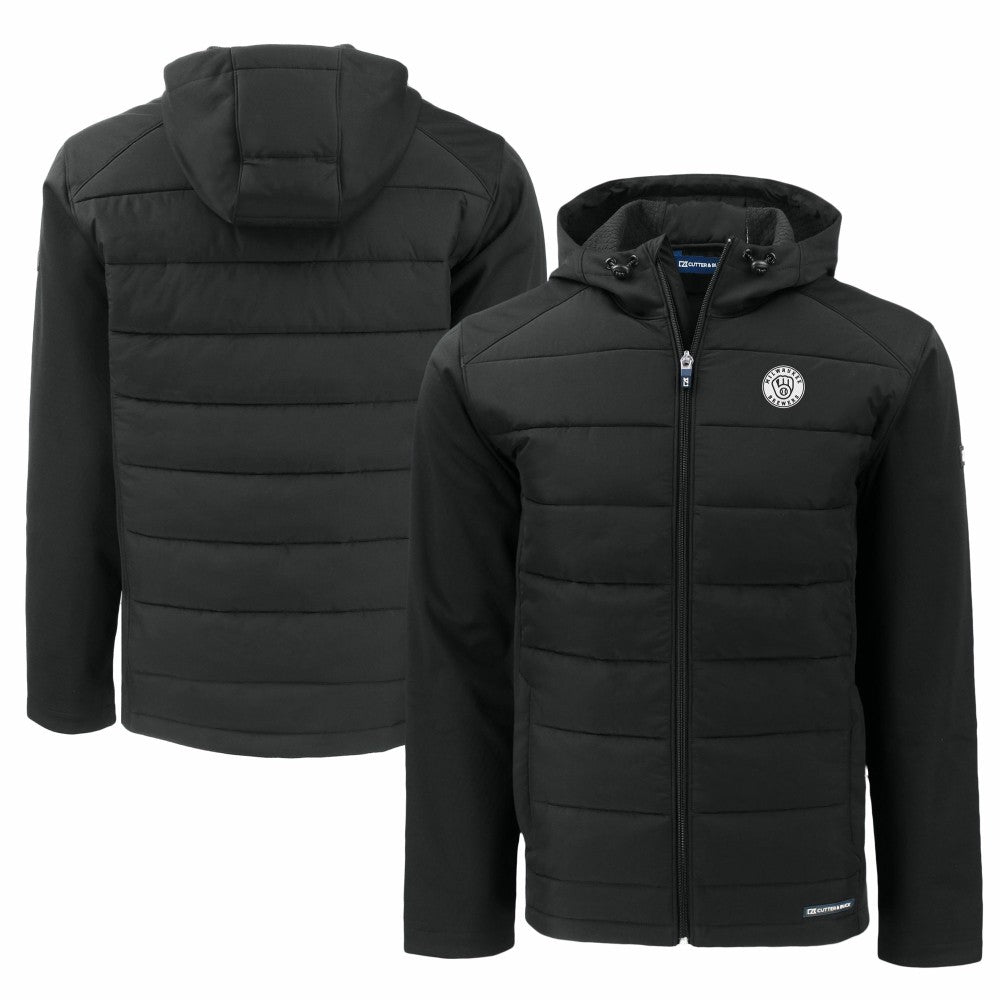 Milwaukee Brewers Cutter & Buck Big & Tall Evoke Hybrid Eco Softshell Recycled Full-Zip Hooded PrimaLoft Jacket - Black Jackets