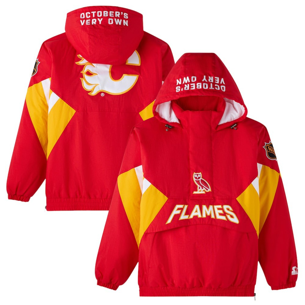 NHL Calgary Flames OVO x Starter Half-Zip Hooded Jacket - Red