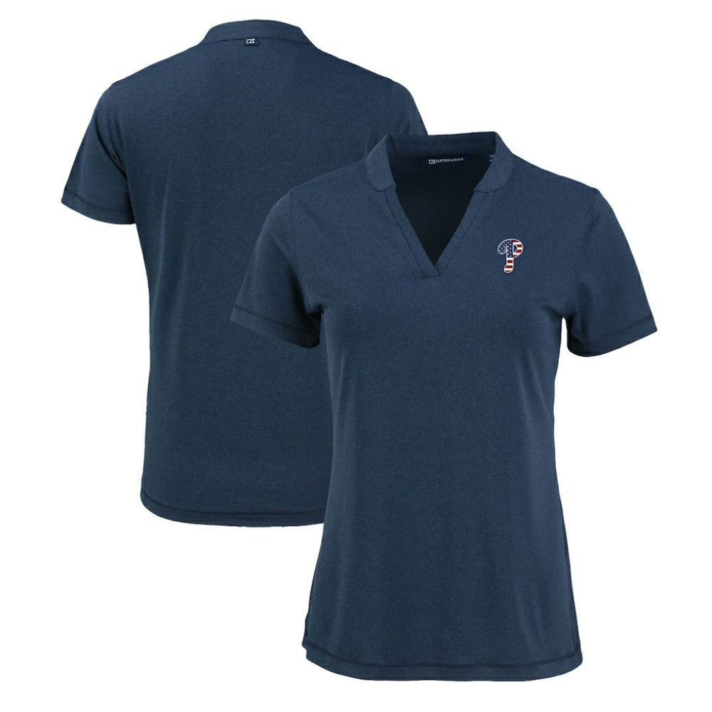 Philadelphia Phillies Cutter & Buck Women's Forge Stretch Blade DryTec V-Neck Polo - Heather Navy