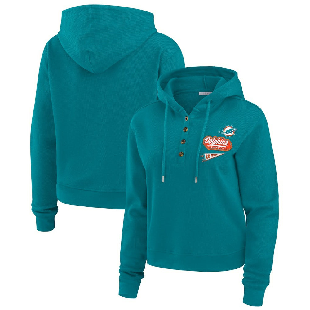 Miami Dolphins WEAR by Erin Andrews Women's Plus Size Waffle Hoodie Pullover Top Aqua