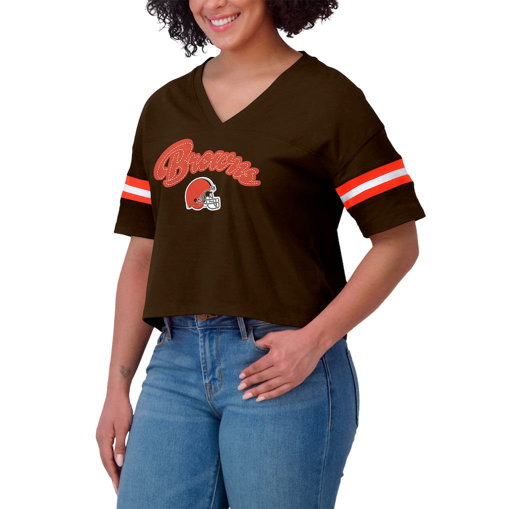 Cleveland Browns WEAR by Erin Andrews Women's Plus Size Color Block Boxy T-Shirt Brown/White