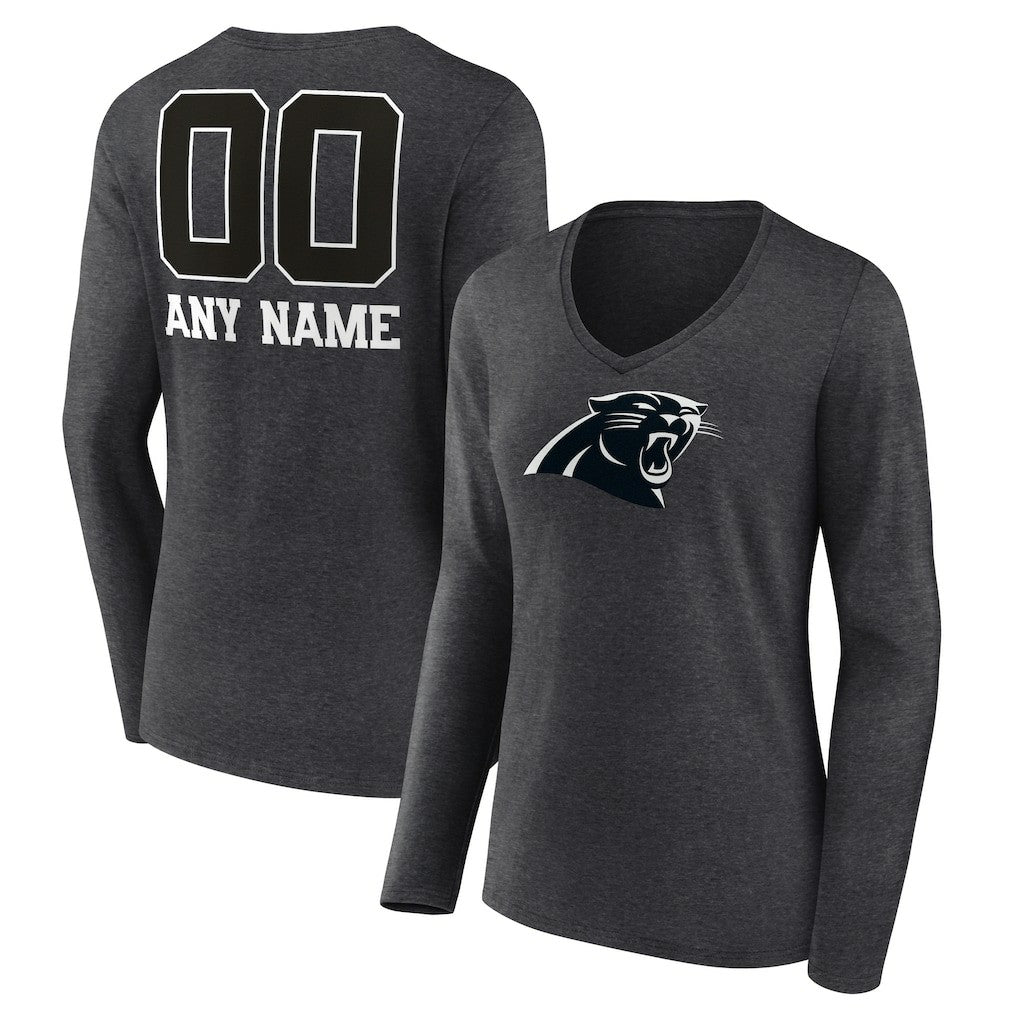 Carolina Panthers Women's Personalized Name & Number Monochrome V-neck T-Shirt Charcoal