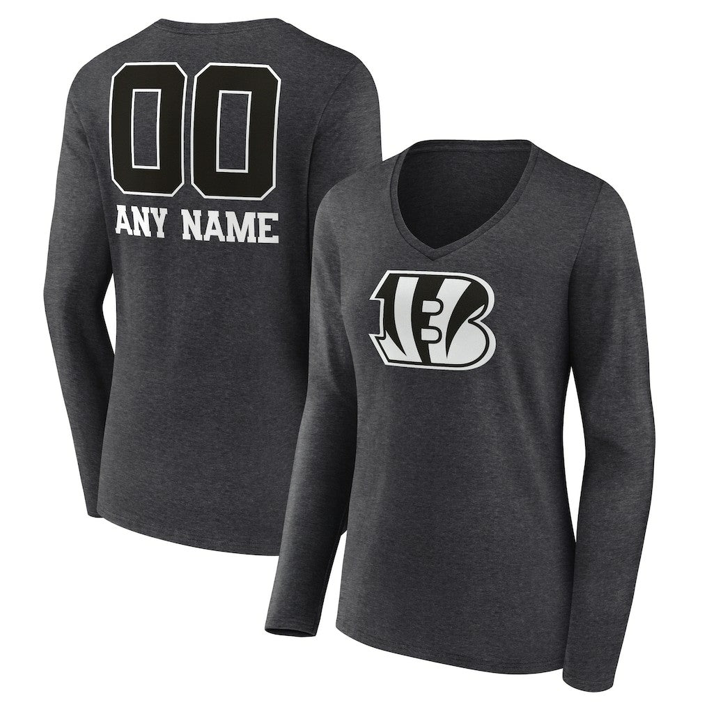 Cincinnati Bengals Women's Personalized Name & Number Monochrome V-neck T-Shirt Charcoal