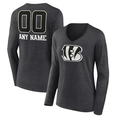 Cincinnati Bengals Women's Personalized Name & Number Monochrome V-neck T-Shirt Charcoal