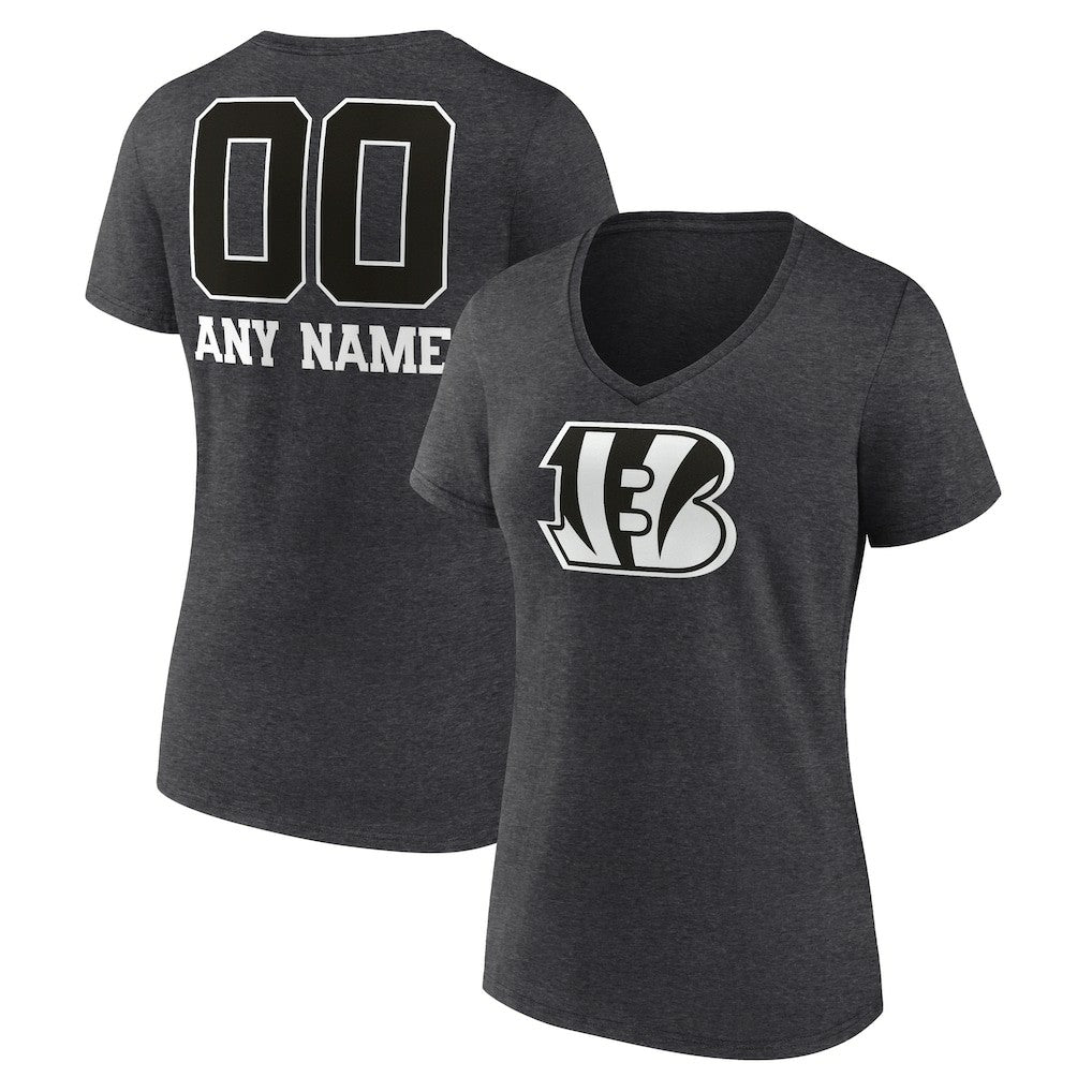 Cincinnati Bengals Women's Personalized Name & Number Monochrome V-Neck Long Sleeve T-Shirt Charcoal
