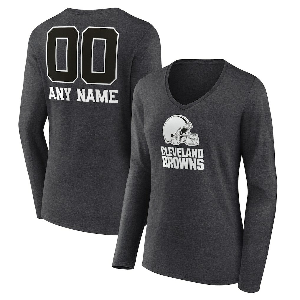 Cleveland Browns Women's Personalized Name & Number Monochrome V-neck T-Shirt Charcoal