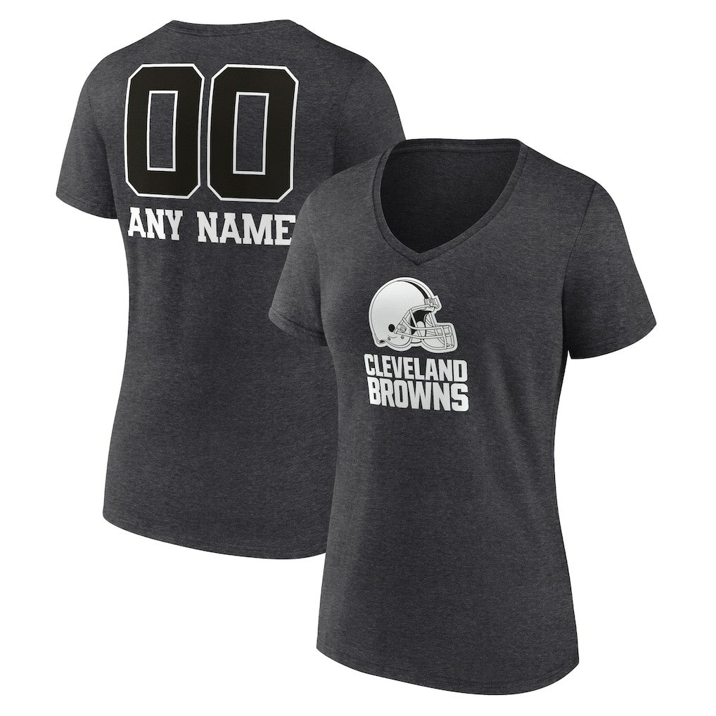 Cleveland Browns Women's Personalized Name & Number Monochrome V-Neck Long Sleeve T-Shirt Charcoal