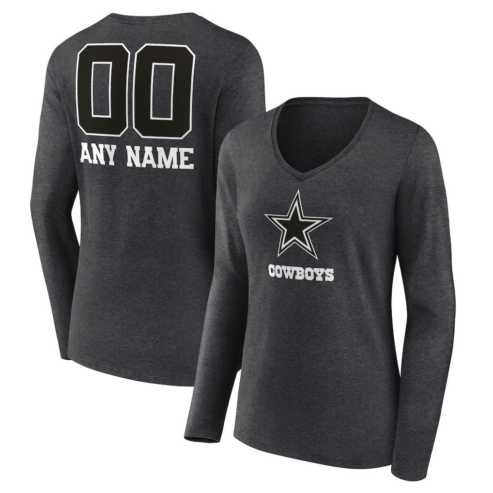 Dallas Cowboys Women's Personalized Name & Number Monochrome V-neck T-Shirt Charcoal