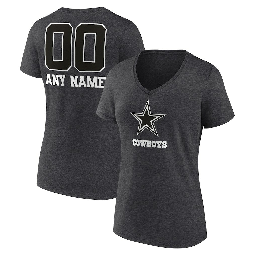 Dallas Cowboys Women's Personalized Name & Number Monochrome V-Neck Long Sleeve T-Shirt Charcoal