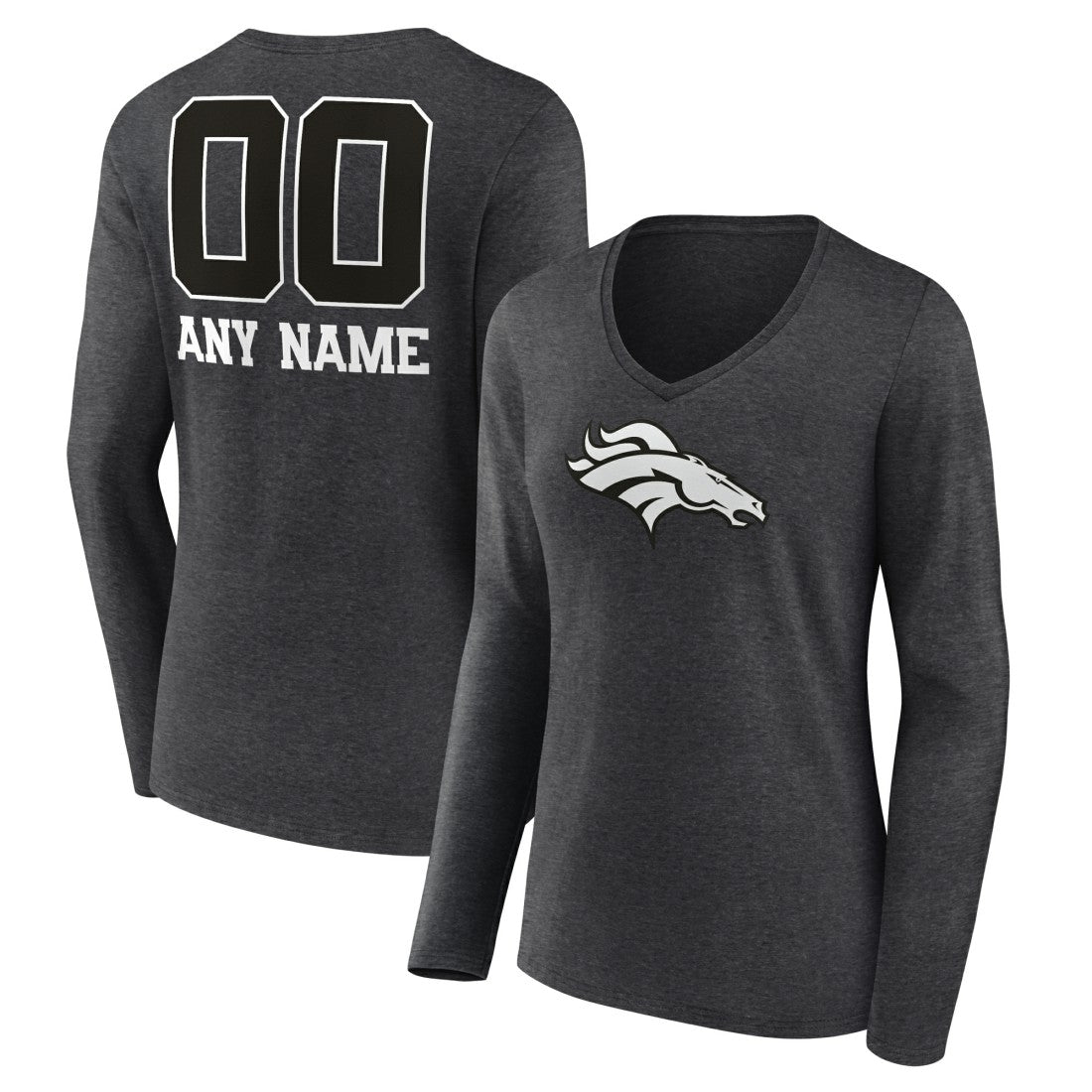 Denver Broncos Women's Personalized Name & Number Monochrome V-neck T-Shirt Charcoal