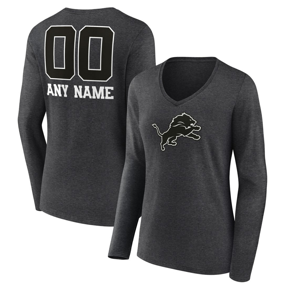 Detroit Lions Women's Personalized Name & Number Monochrome V-neck T-Shirt Charcoal
