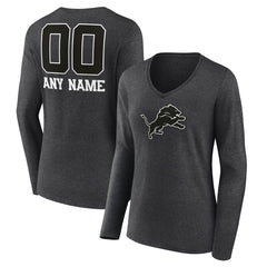 Detroit Lions Women's Personalized Name & Number Monochrome V-neck T-Shirt Charcoal