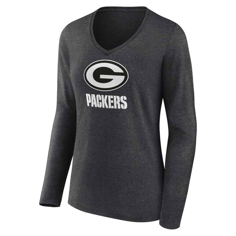 Green Bay Packers Women's Personalized Name & Number Monochrome V-neck T-Shirt Charcoal
