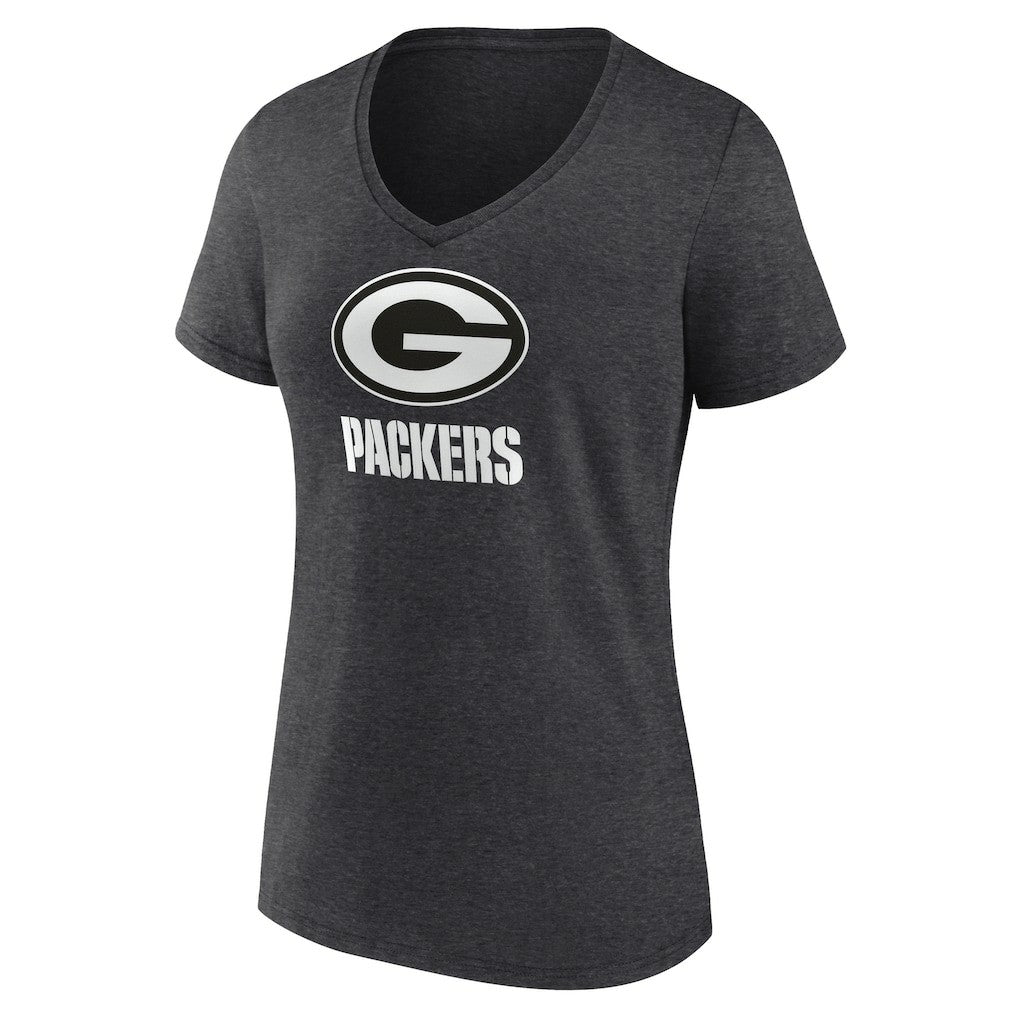 Green Bay Packers Women's Personalized Name & Number Monochrome V-Neck Long Sleeve T-Shirt Charcoal