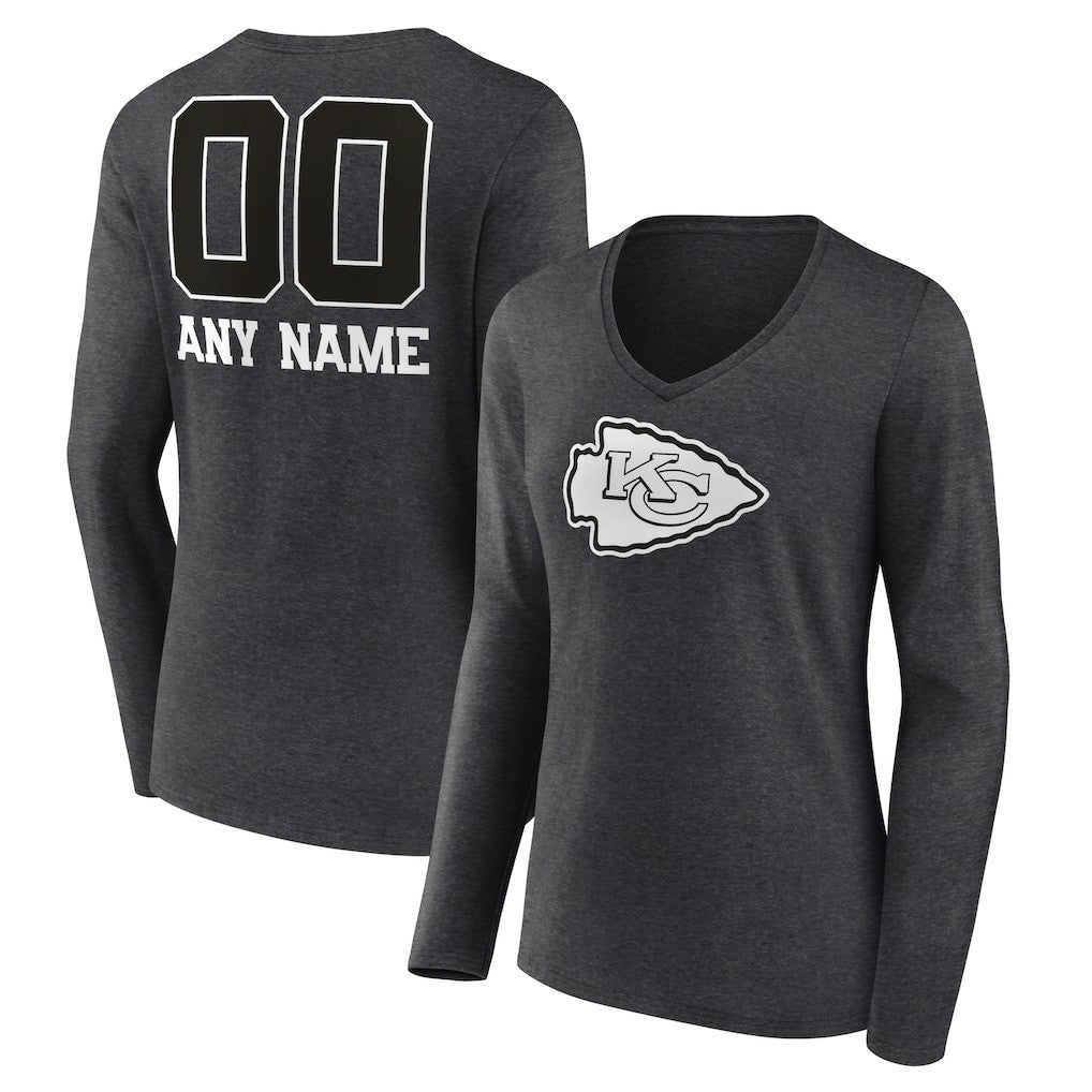 Kansas City Chiefs Women's Personalized Name & Number Monochrome V-neck T-Shirt Charcoal