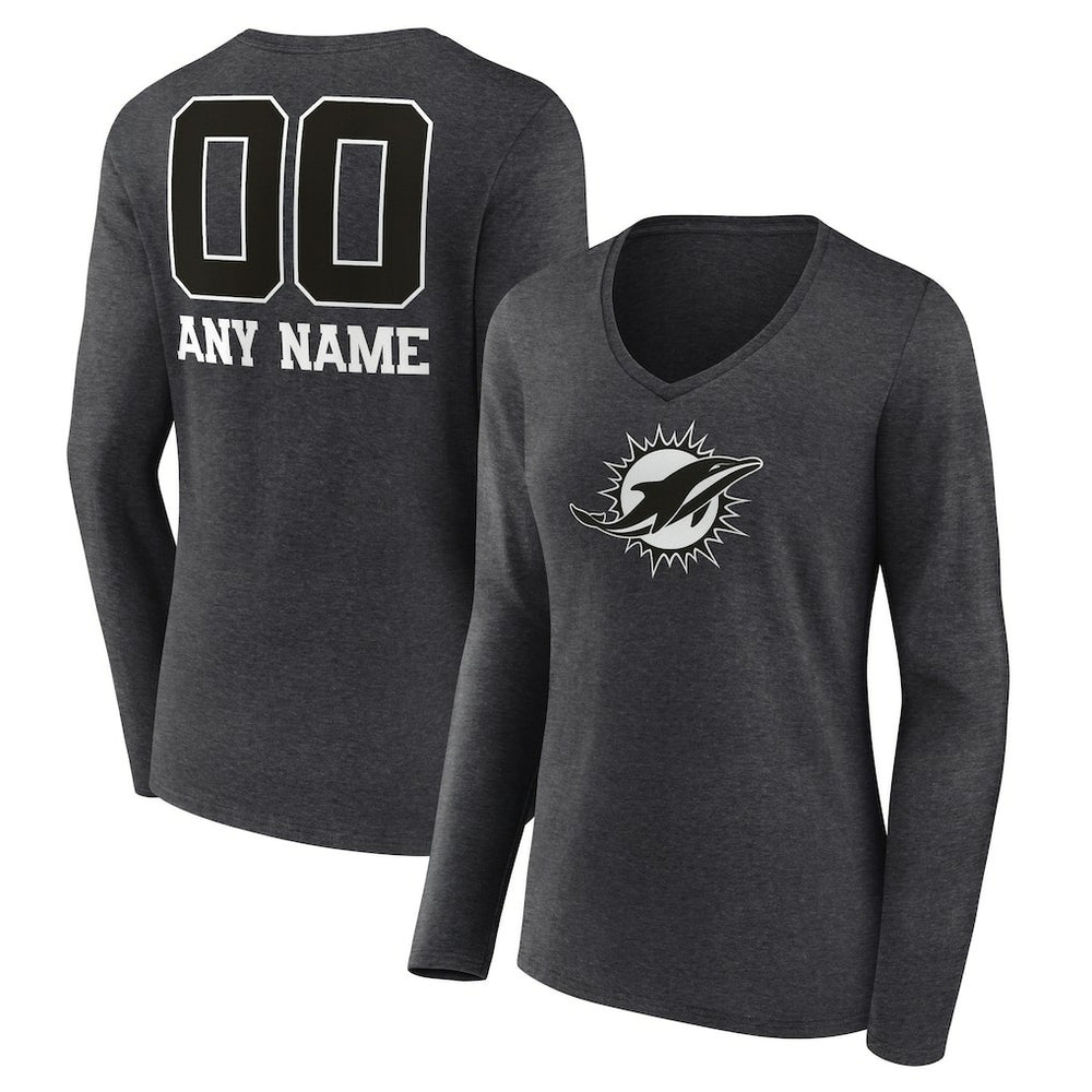 Miami Dolphins Women's Personalized Name & Number Monochrome V-neck T-Shirt Charcoal