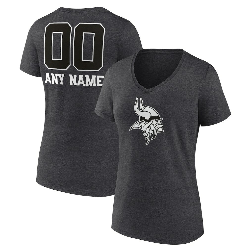 Minnesota Vikings Women's Personalized Name & Number Monochrome V-Neck Long Sleeve T-Shirt Charcoal