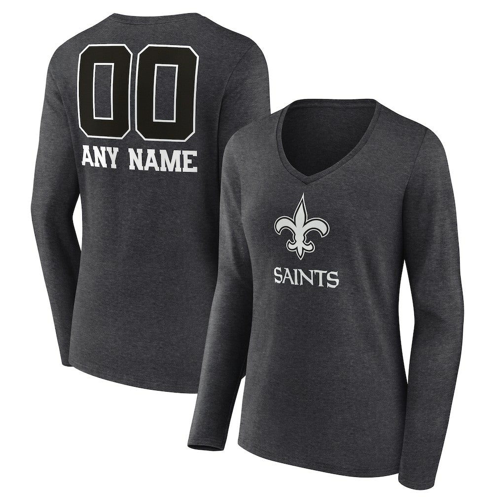 New Orleans Saints Women's Personalized Name & Number Monochrome V-neck T-Shirt Charcoal