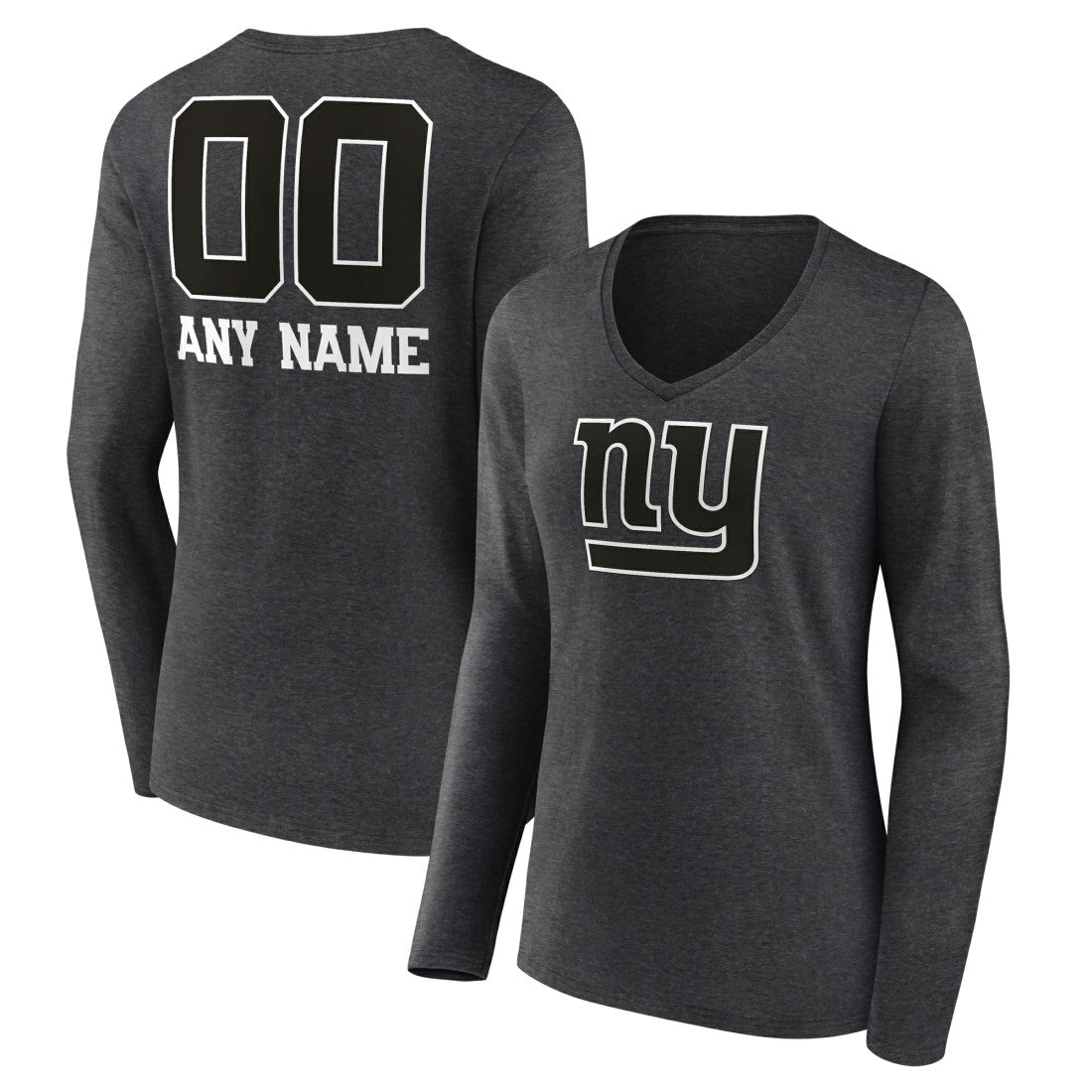 New York Giants Women's Personalized Name & Number Monochrome V-neck T-Shirt Charcoal