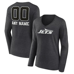 New York Jets Women's Personalized Name & Number Monochrome V-neck T-Shirt Charcoal