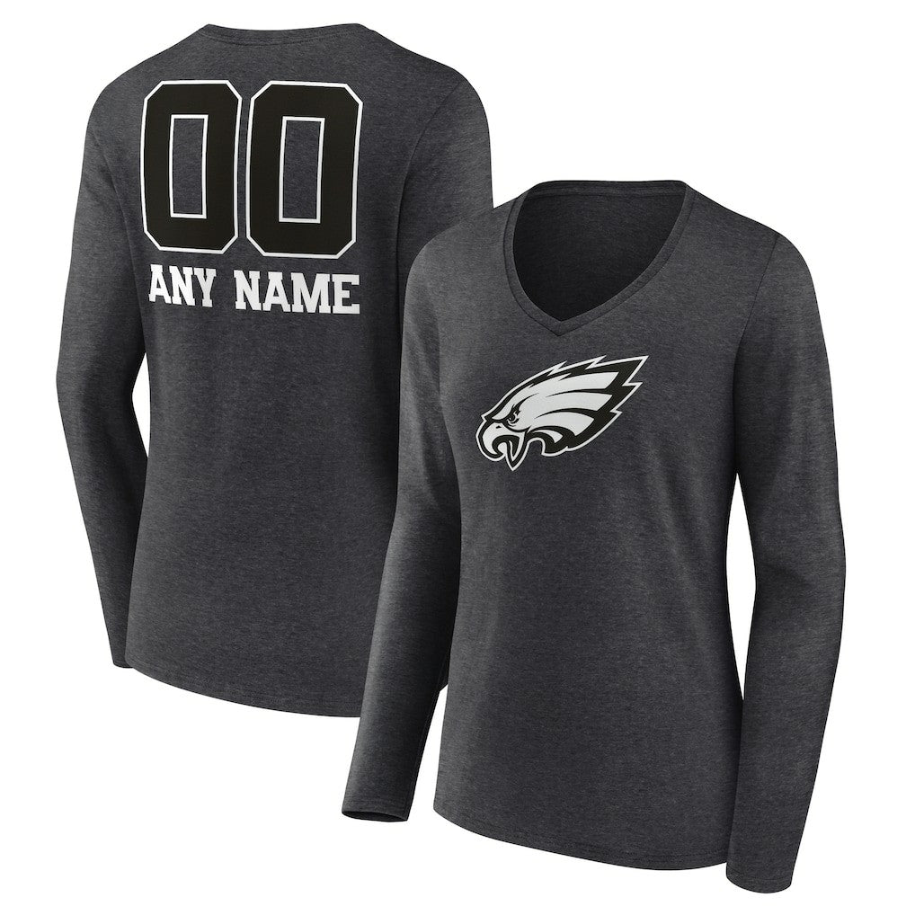 Philadelphia Eagles Women's Personalized Name & Number Monochrome V-neck T-Shirt Charcoal