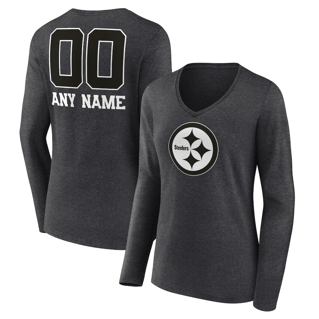 Pittsburgh Steelers Women's Personalized Name & Number Monochrome V-neck T-Shirt Charcoal