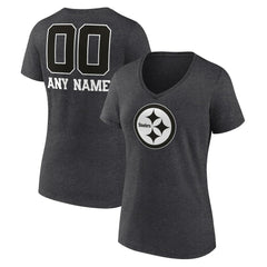 Pittsburgh Steelers Women's Personalized Name & Number Monochrome V-Neck Long Sleeve T-Shirt Charcoal