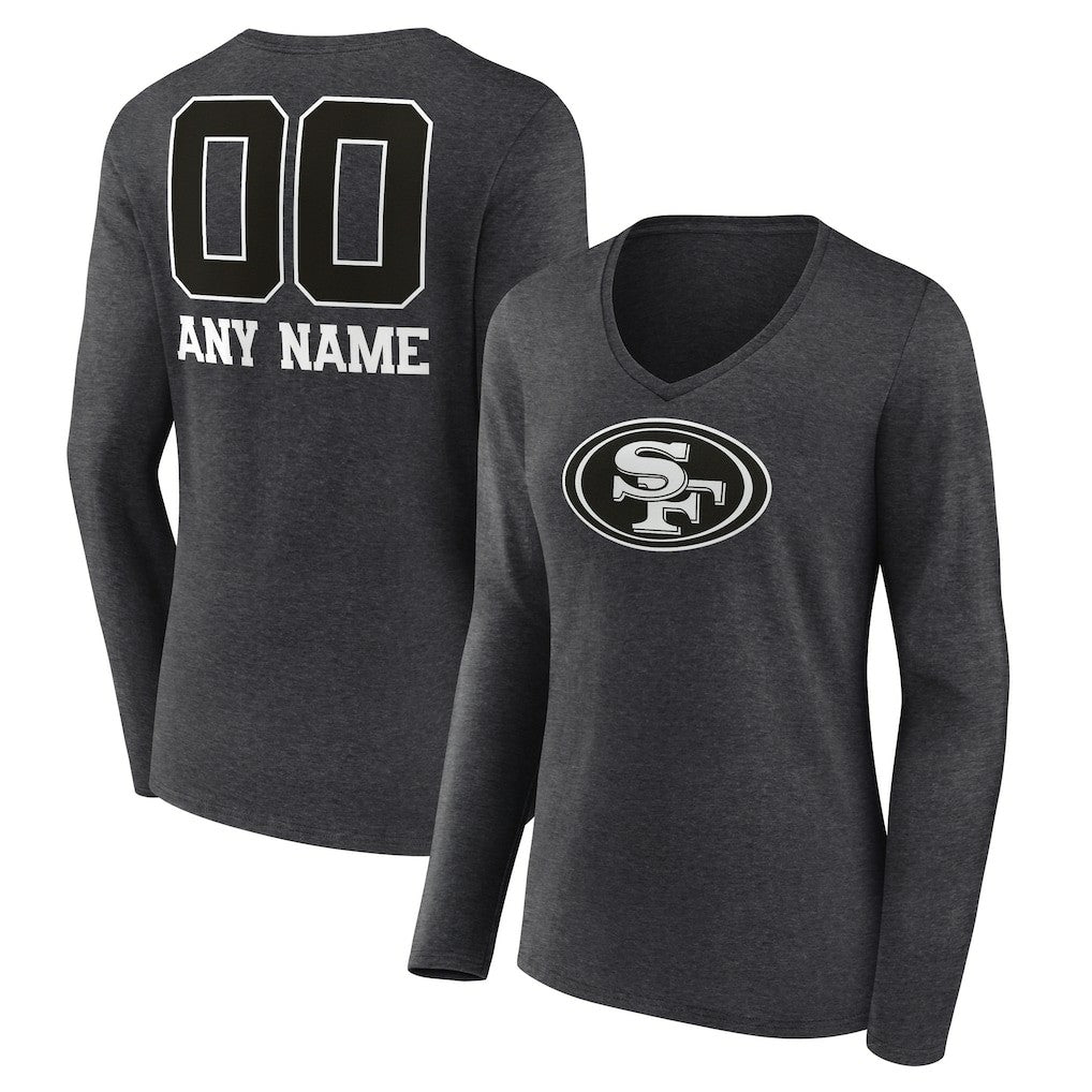San Francisco 49ers Women's Personalized Name & Number Monochrome V-neck T-Shirt Charcoal