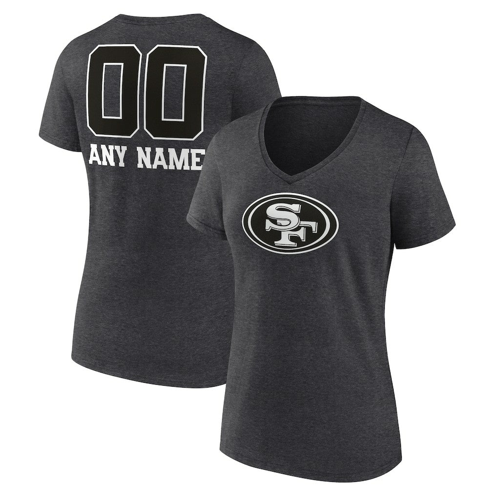 San Francisco 49ers Women's Personalized Name & Number Monochrome V-Neck Long Sleeve T-Shirt Charcoal