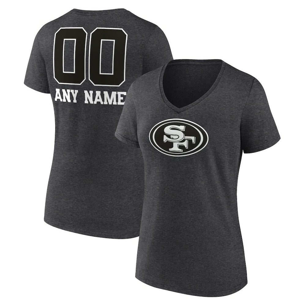 San Francisco 49ers Women's Personalized Name & Number Monochrome V-Neck Long Sleeve T-Shirt Charcoal