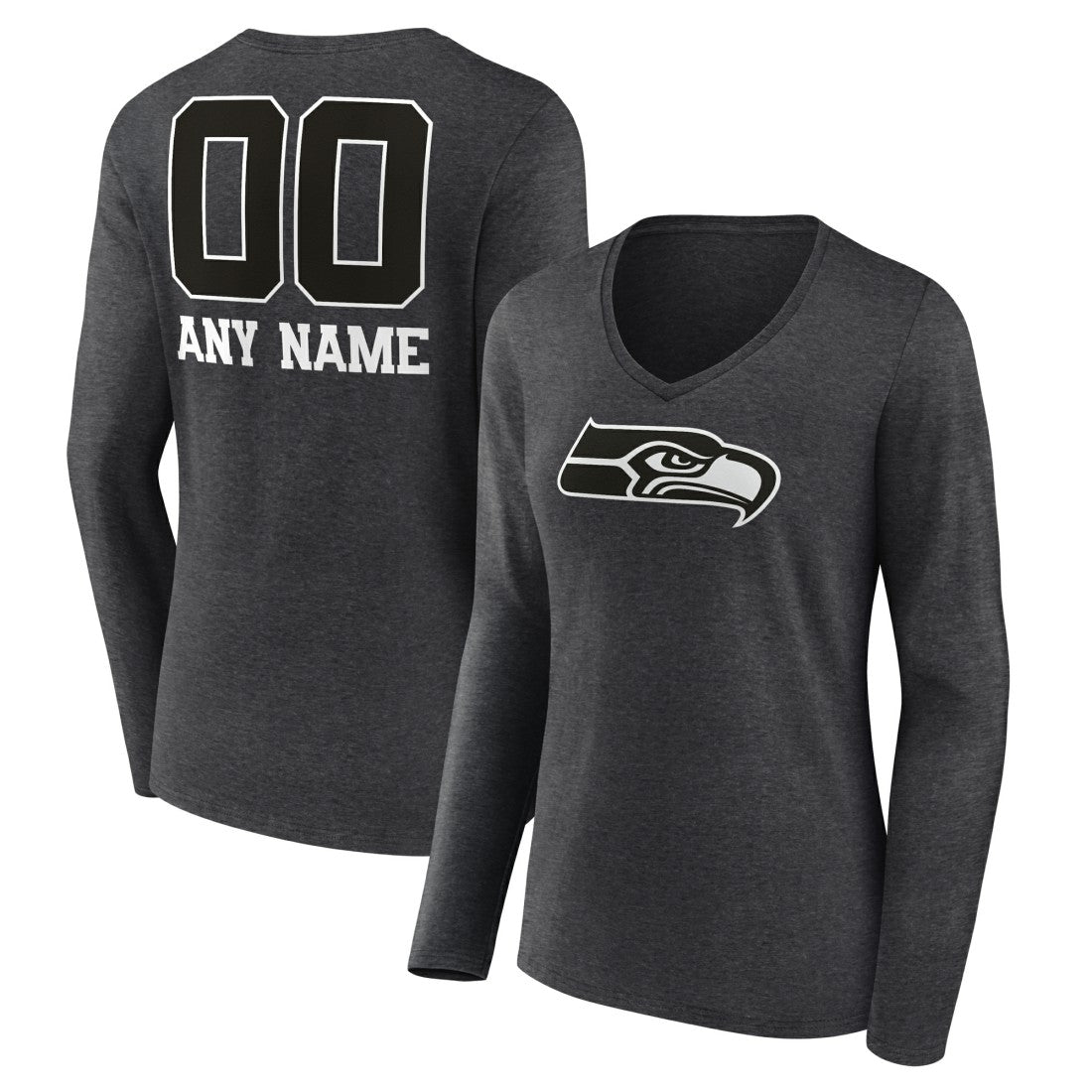 Seattle Seahawks Women's Personalized Name & Number Monochrome V-neck T-Shirt Charcoal