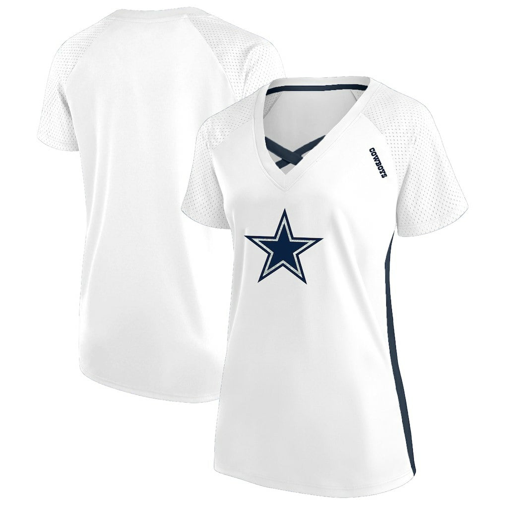Dallas Cowboys Women's Plus Size Glitter Lace-Up V- Neck T-Shirt White