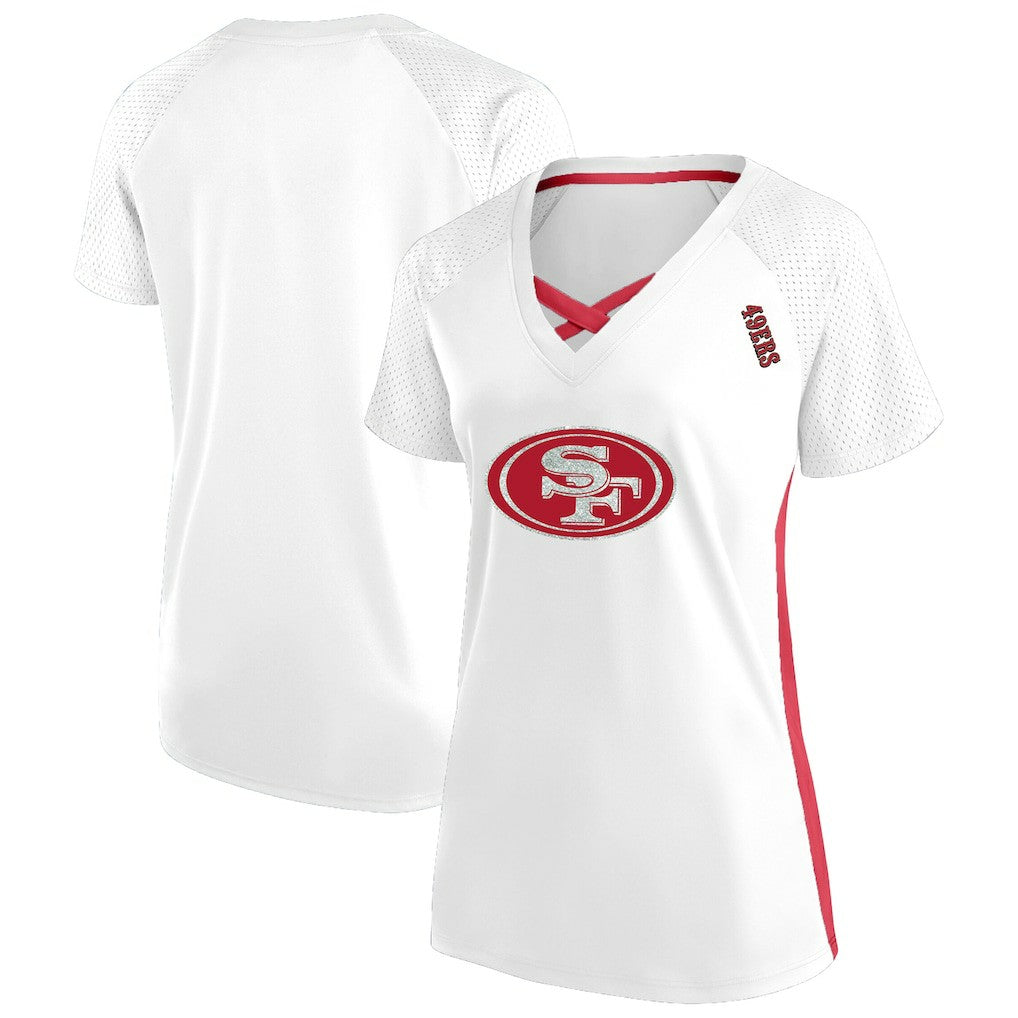 San Francisco 49ers Women's Plus Size Glitter Lace-Up V- Neck T-Shirt White