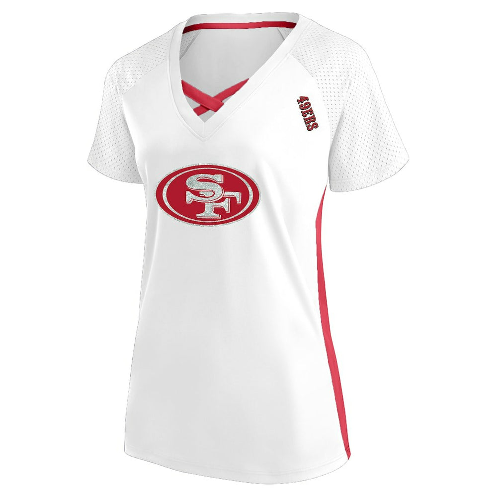 San Francisco 49ers Women's Plus Size Glitter Lace-Up V- Neck T-Shirt White