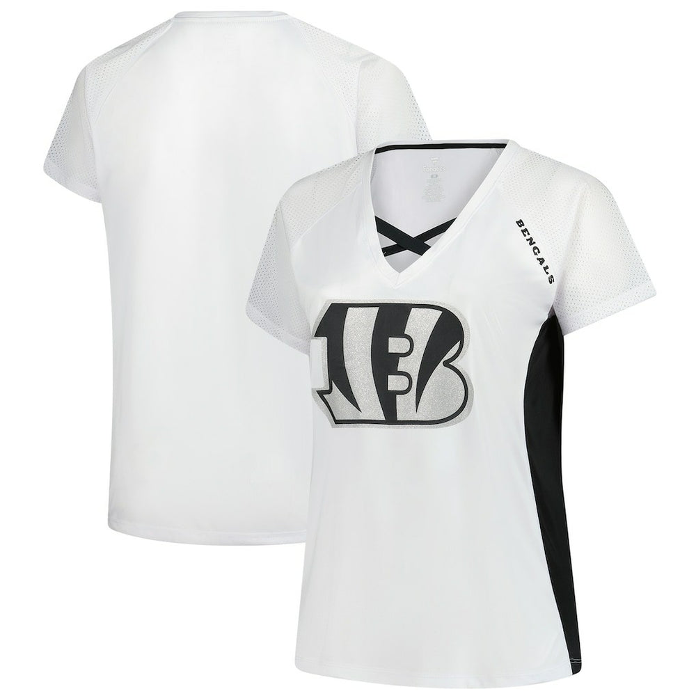 Cincinnati Bengals Women's Plus Size Glitter Lace-Up V- Neck T-Shirt White