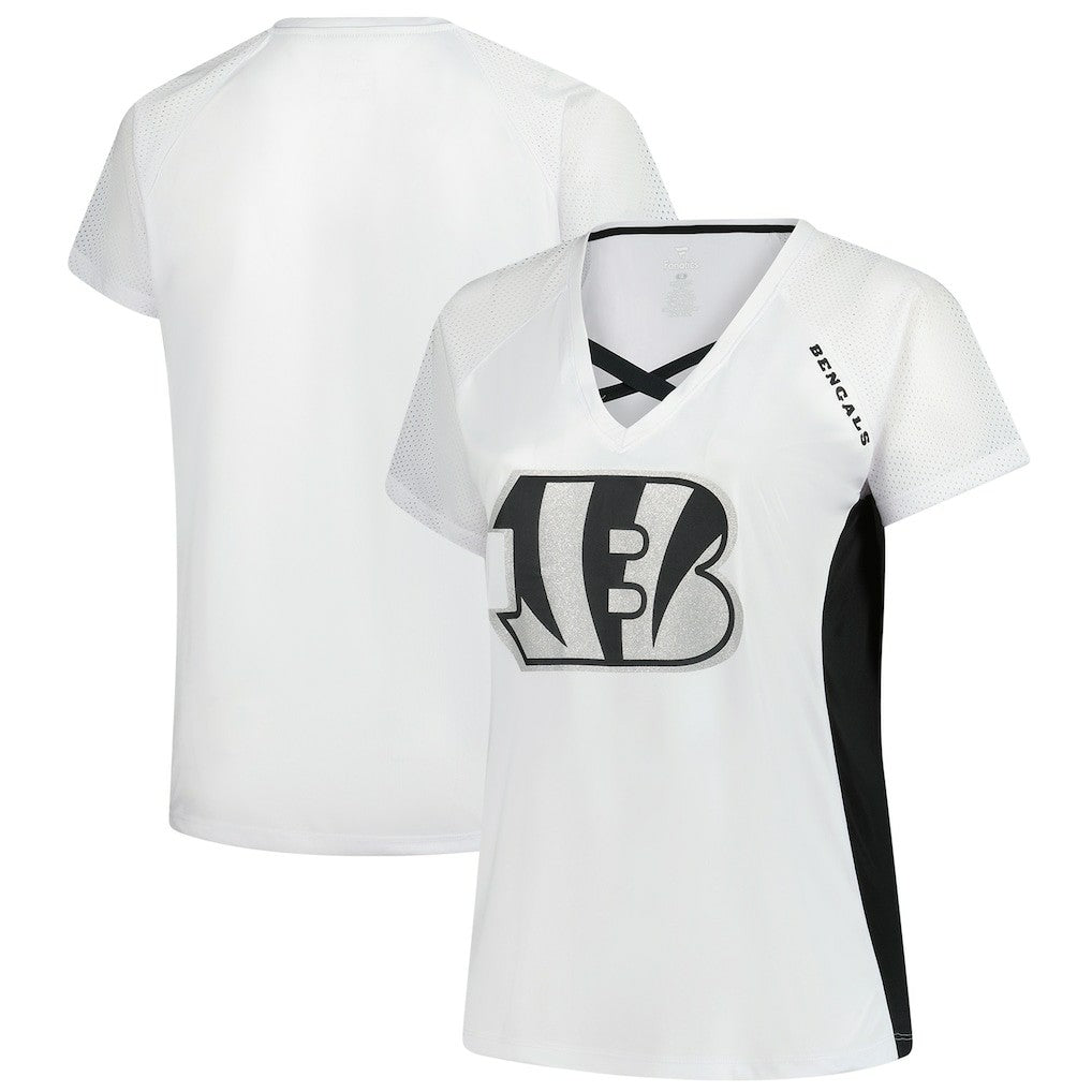 Cincinnati Bengals Women's Plus Size Glitter Lace-Up V- Neck T-Shirt White