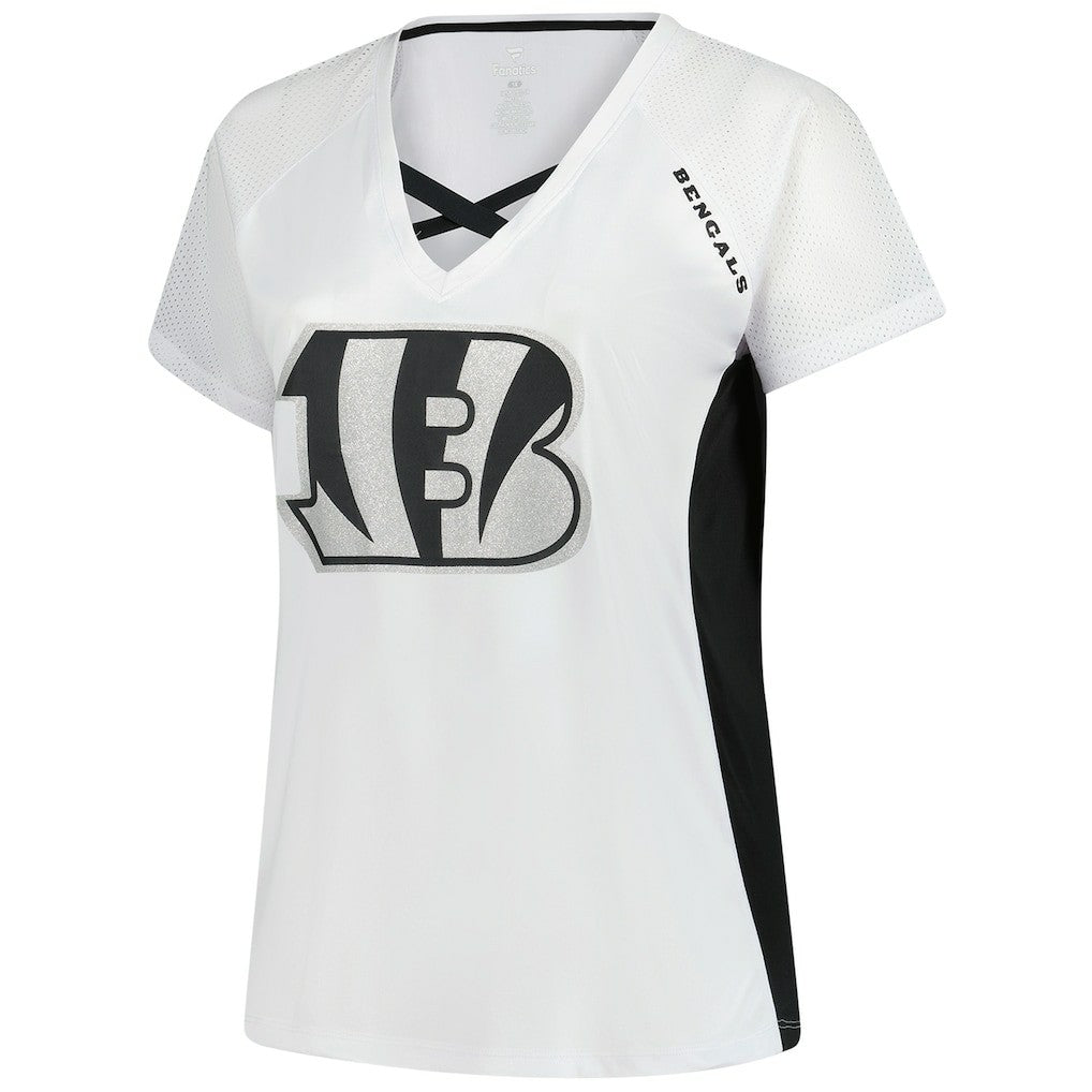 Cincinnati Bengals Women's Plus Size Glitter Lace-Up V- Neck T-Shirt White