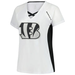 Cincinnati Bengals Women's Plus Size Glitter Lace-Up V- Neck T-Shirt White