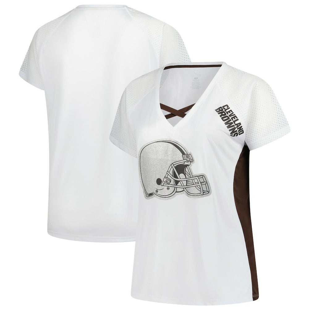 Cleveland Browns Women's Plus Size Glitter Lace-Up V- Neck T-Shirt White
