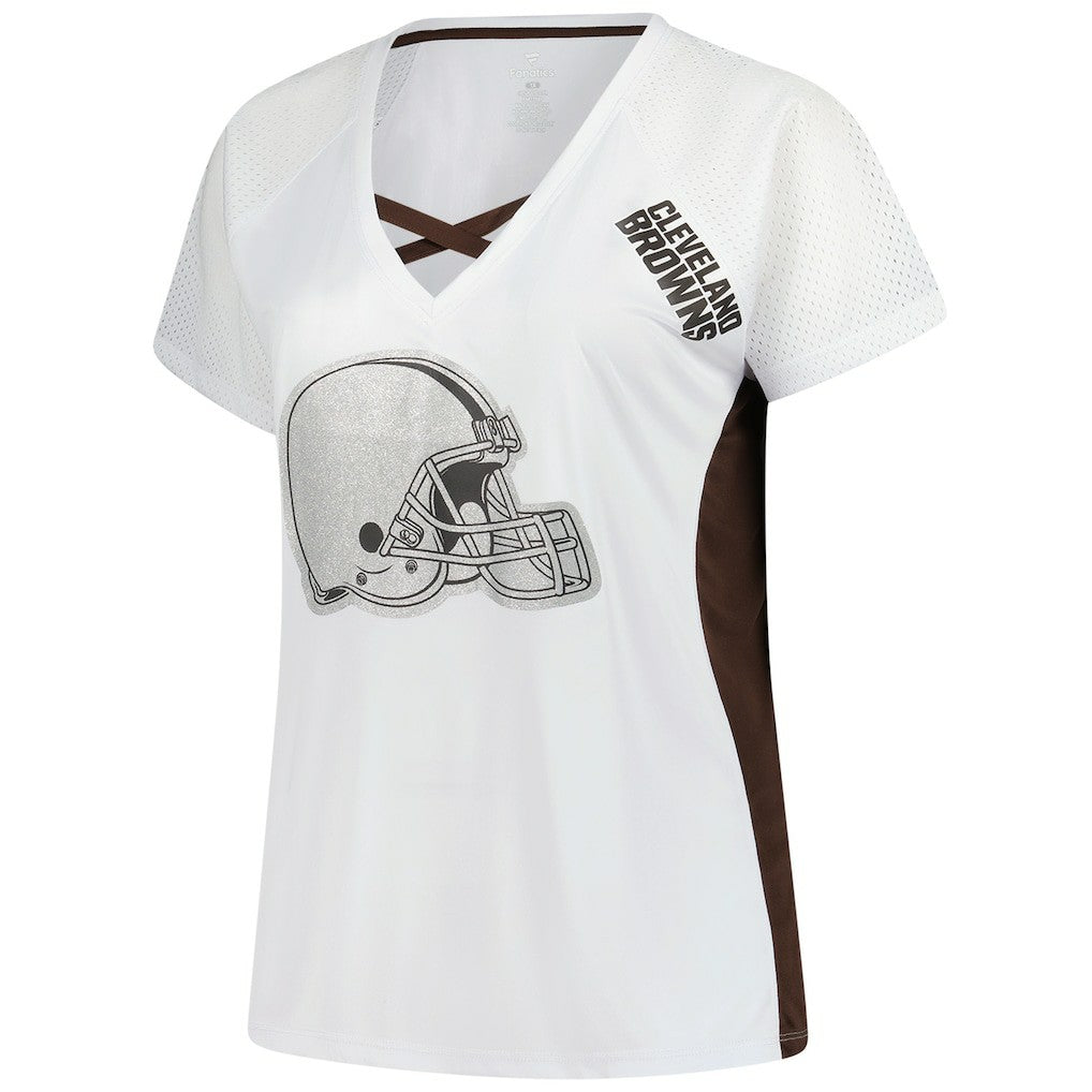 Cleveland Browns Women's Plus Size Glitter Lace-Up V- Neck T-Shirt White