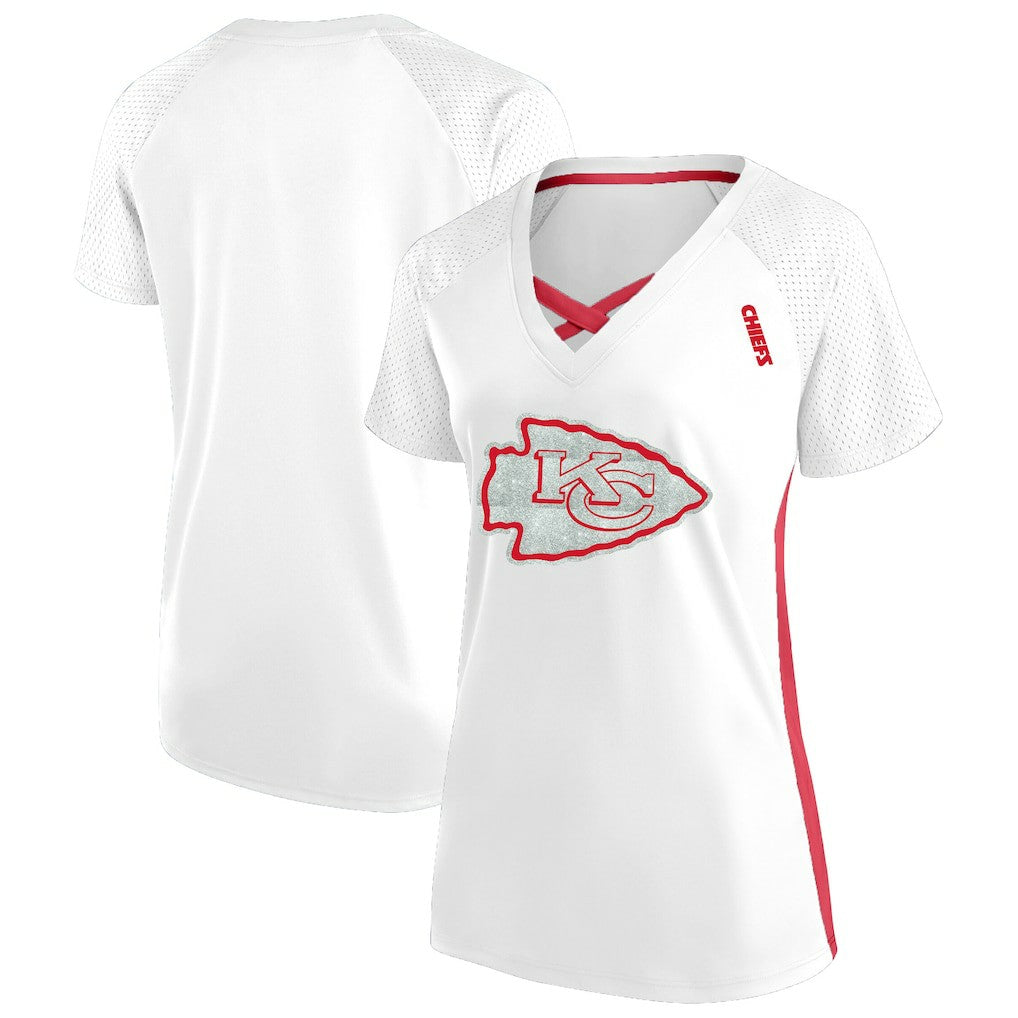Kansas City Chiefs Women's Plus Size Glitter Lace-Up V- Neck T-Shirt White