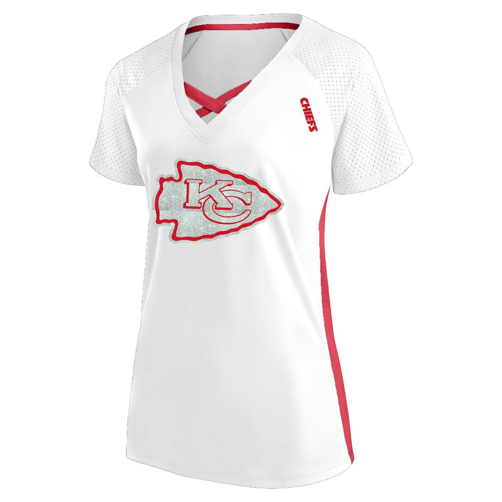 Kansas City Chiefs Women's Plus Size Glitter Lace-Up V- Neck T-Shirt White
