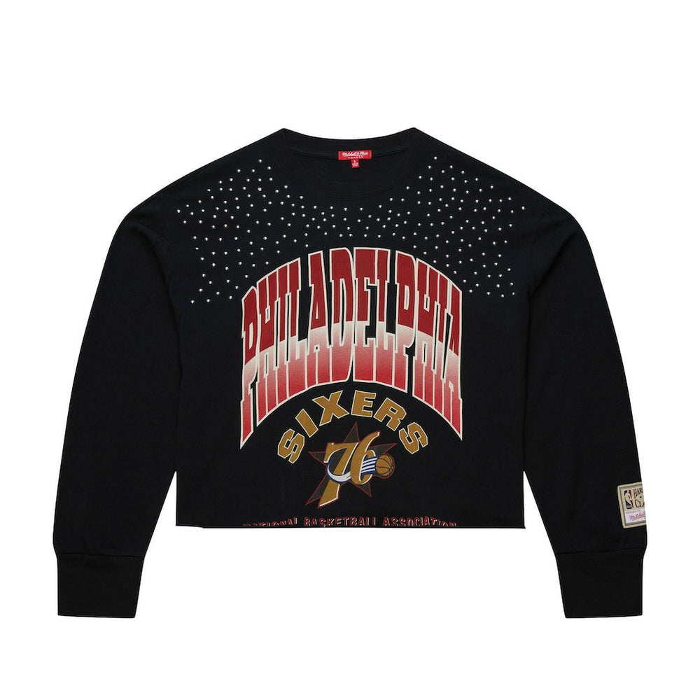 Philadelphia 76ers Women's Hardwood Classics Studded Boxy Cropped Long Sleeve T-Shirt Black