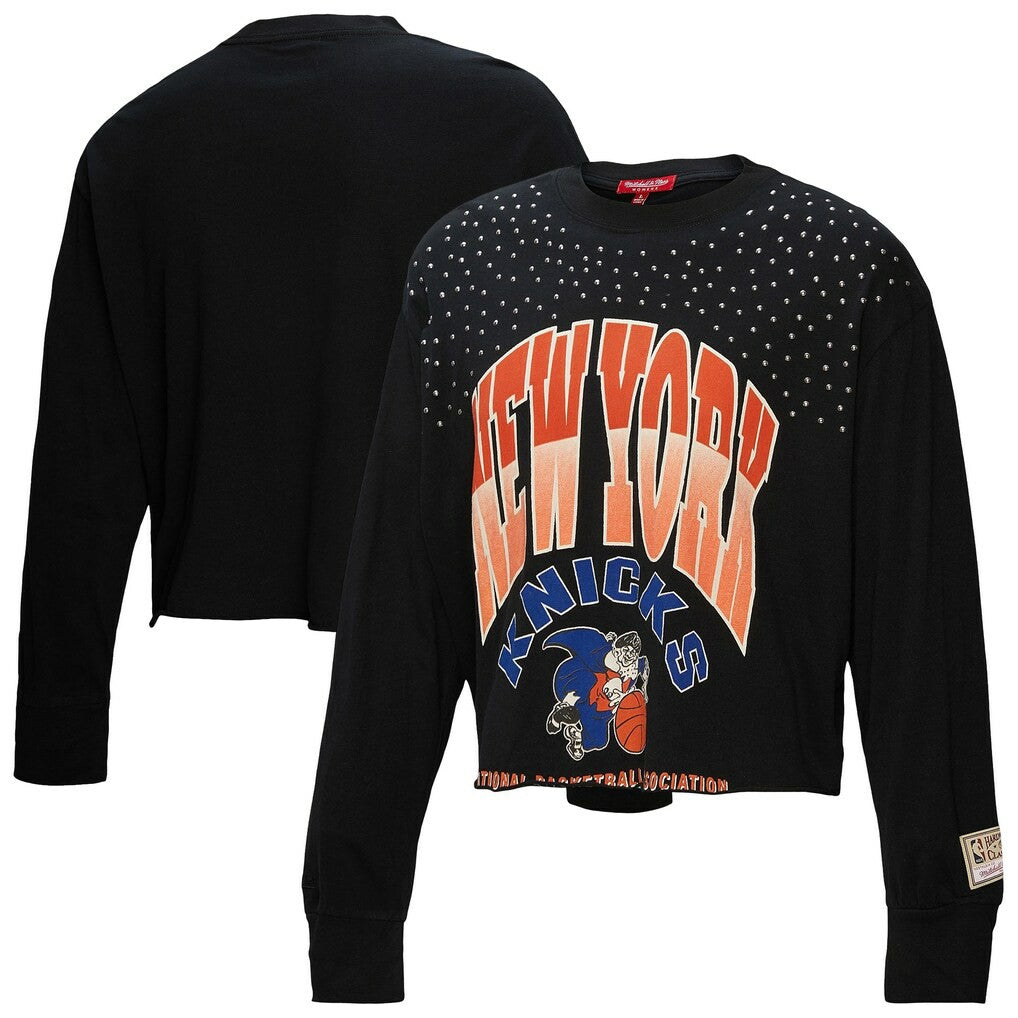 New York Knicks Women's Hardwood Classics Studded Boxy Cropped Long Sleeve T-Shirt Black