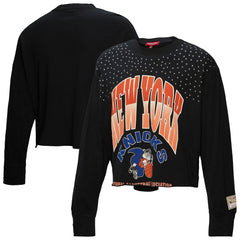 New York Knicks Women's Hardwood Classics Studded Boxy Cropped Long Sleeve T-Shirt Black
