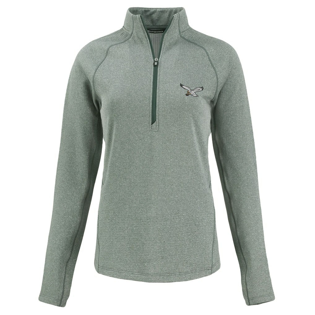 Philadelphia Eagles Cutter & Buck Women's Peshastin Eco Fleece Recycled Tri-Blend Raglan Half-Zip Jacket Heather Kelly Green