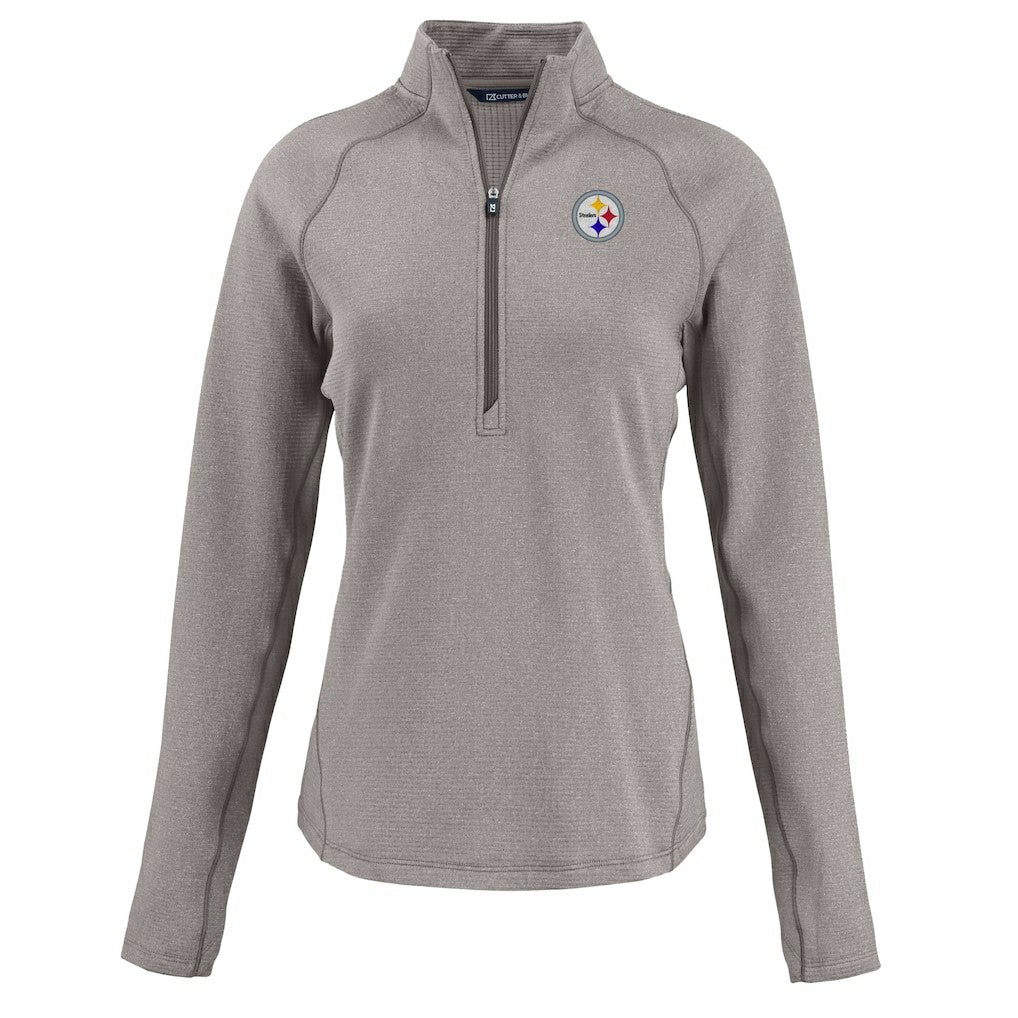 Pittsburgh Steelers Cutter & Buck Women's Peshastin Eco Fleece Recycled Tri-Blend Raglan Half-Zip Jacket Heather Gray