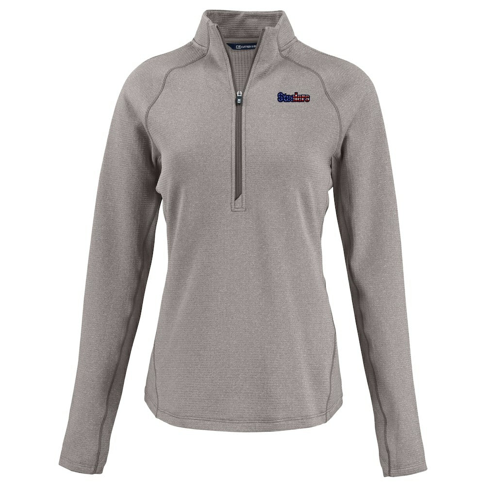 Pittsburgh Steelers Cutter & Buck Women's Americana Peshastin Eco Fleece Recycled Tri-Blend Raglan Half-Zip Jacket Heather Gray