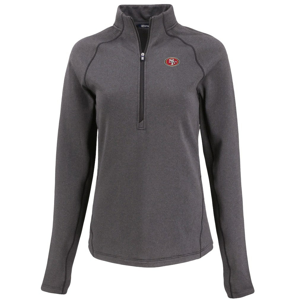 San Francisco 49ers Cutter & Buck Women's Peshastin Eco Fleece Recycled Tri-Blend Raglan Half-Zip Jacket Heather Black